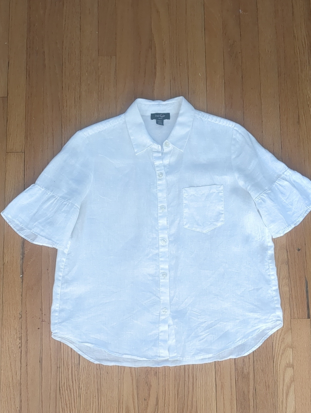 Linen Button-Up Shirt With Ruffle Sleeve
